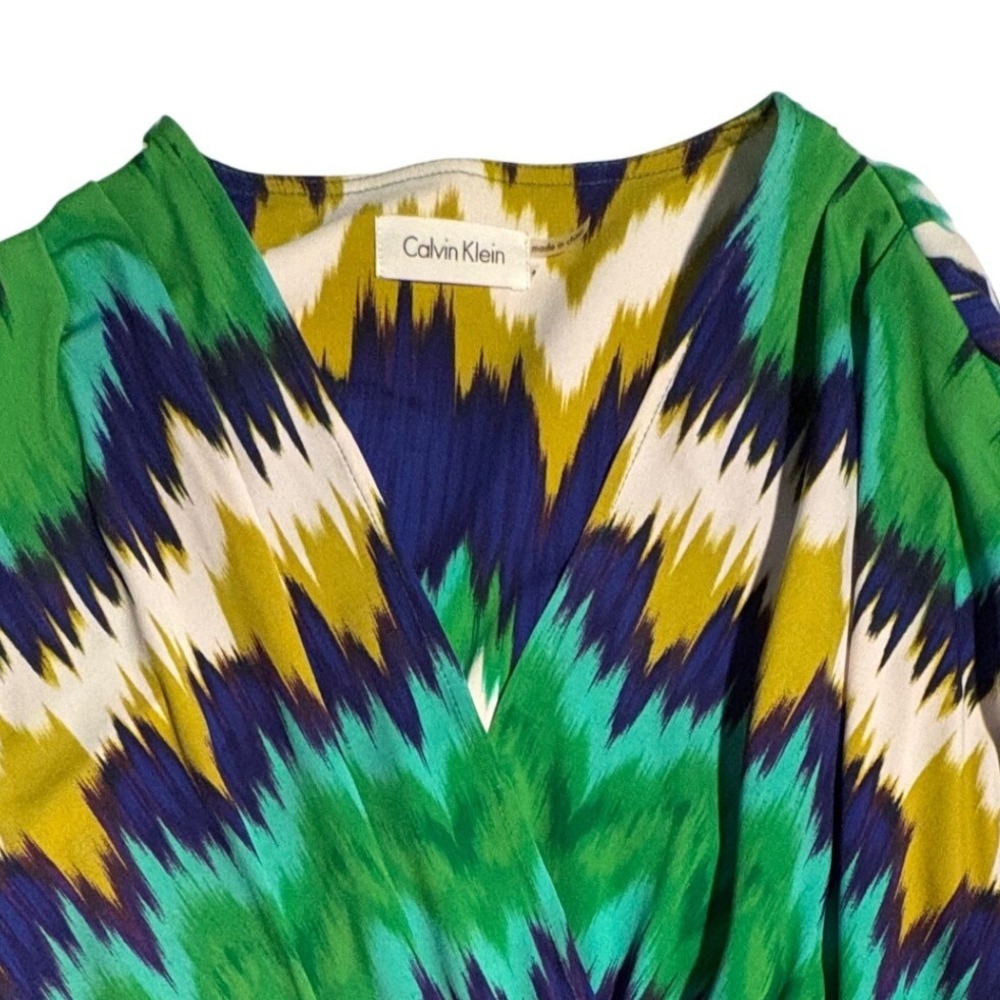 5 for $25 Calvin Klein Green Blue Yellow Chevron Ikat Faux Wrap Belted Dress 4P - Picture 3 of 9